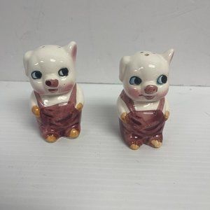 Vintage Pig In Coveralls Salt And Pepper Shakers Hand Painted w/ stopper - C1016